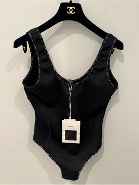 Chanel 2025 Cruise Black Logo One-Piece Swimsuit/Bodysuit NWT Size 42